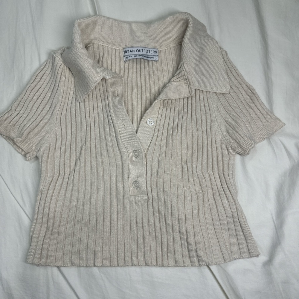 Urban Outfitters Beige Ribbed Knit Polo